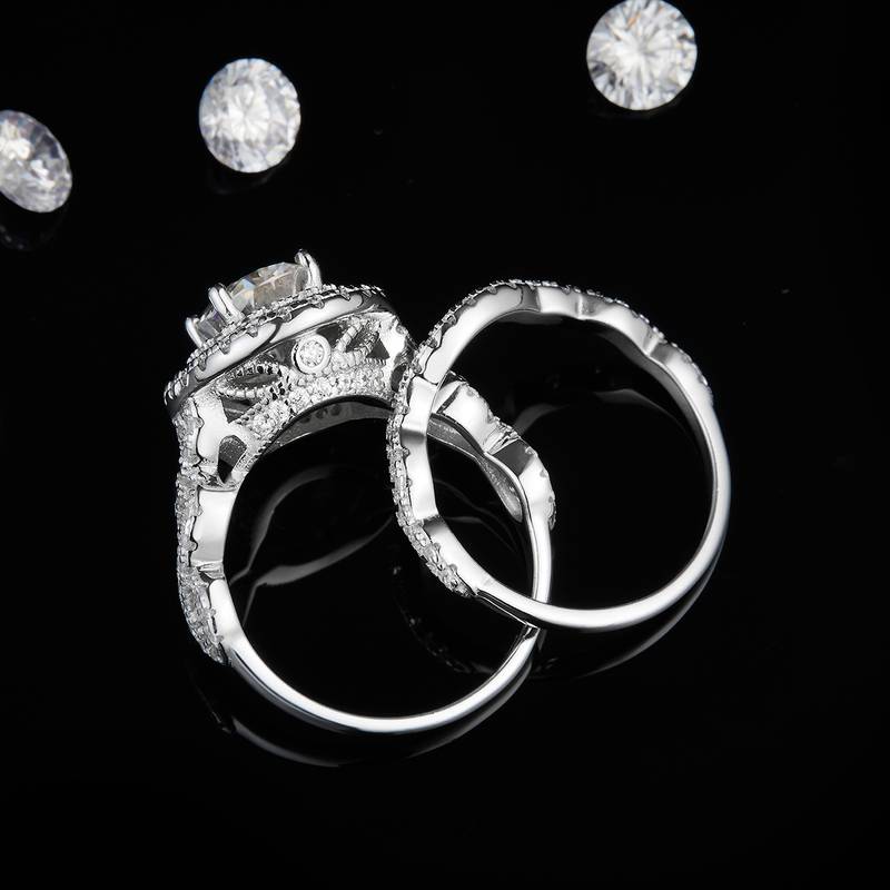 S925银镀白金主副套戒叠戴Women's Ring定制选款主石Moissanite2.0ct/副石高碳钻
