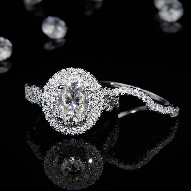 S925银镀白金主副套戒叠戴Women's Ring定制选款主石Moissanite2.0ct/副石高碳钻