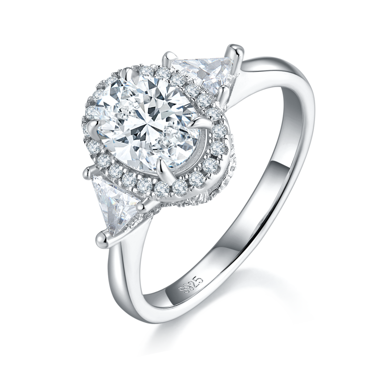 蛋形三石款女戒S925银镀白金定制选款主石莫桑钻1.5ct/副石高碳钻