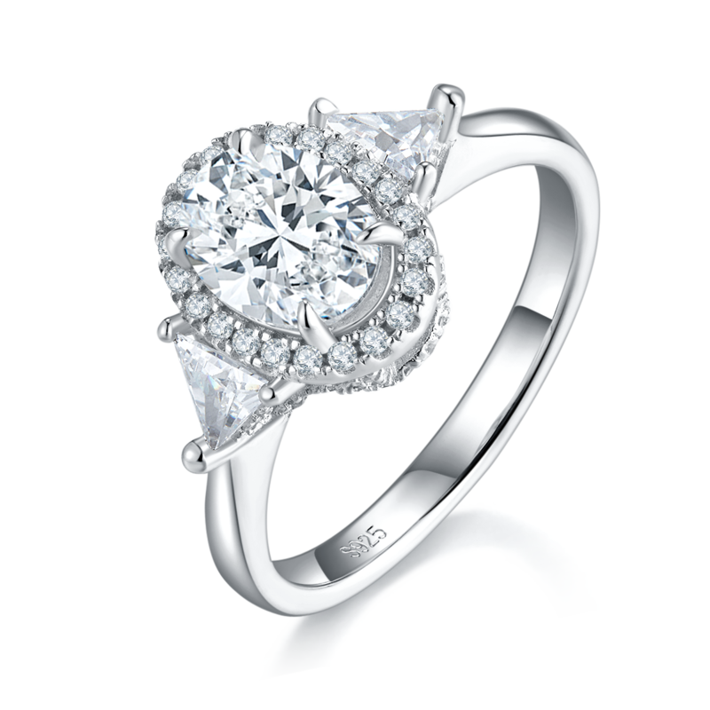 蛋形三石款Women's RingS925银镀白金定制选款主石Moissanite1.5ct/副石高碳钻