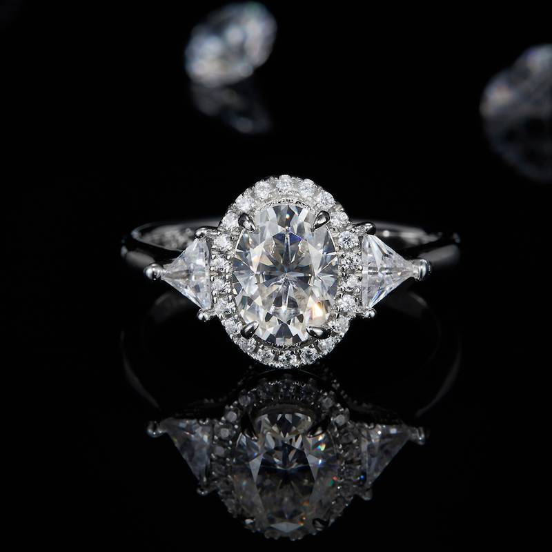蛋形三石款Women's RingS925银镀白金定制选款主石Moissanite1.5ct/副石高碳钻