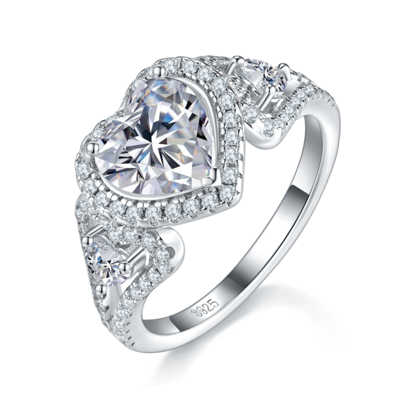心形Women's RingS925银镀白金定制选款主石Moissanite1.2ct/副石高碳钻