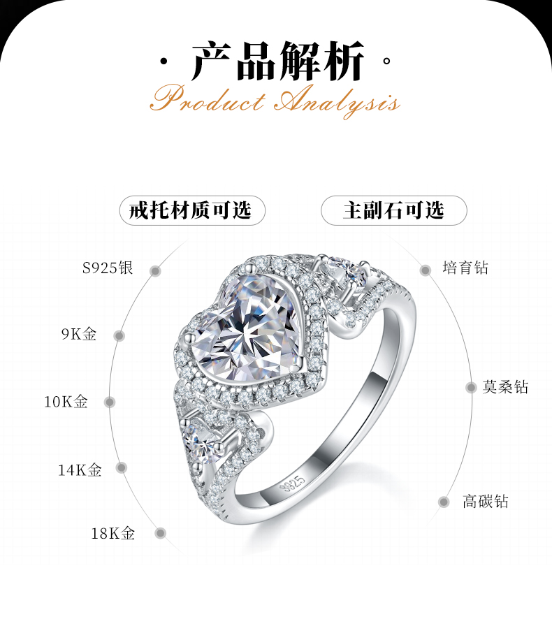 心形女戒S925银镀白金定制选款主石莫桑钻1.2ct/副石高碳钻 - 2
