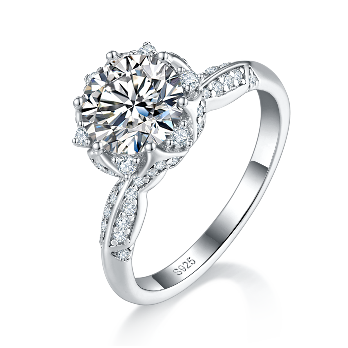Single Head Women's Ring S925 Silver Plated Platinum Customized Selection Main Stone Moissanite Diamond 2.0ct/Secondary Stone High Carbon Diamond