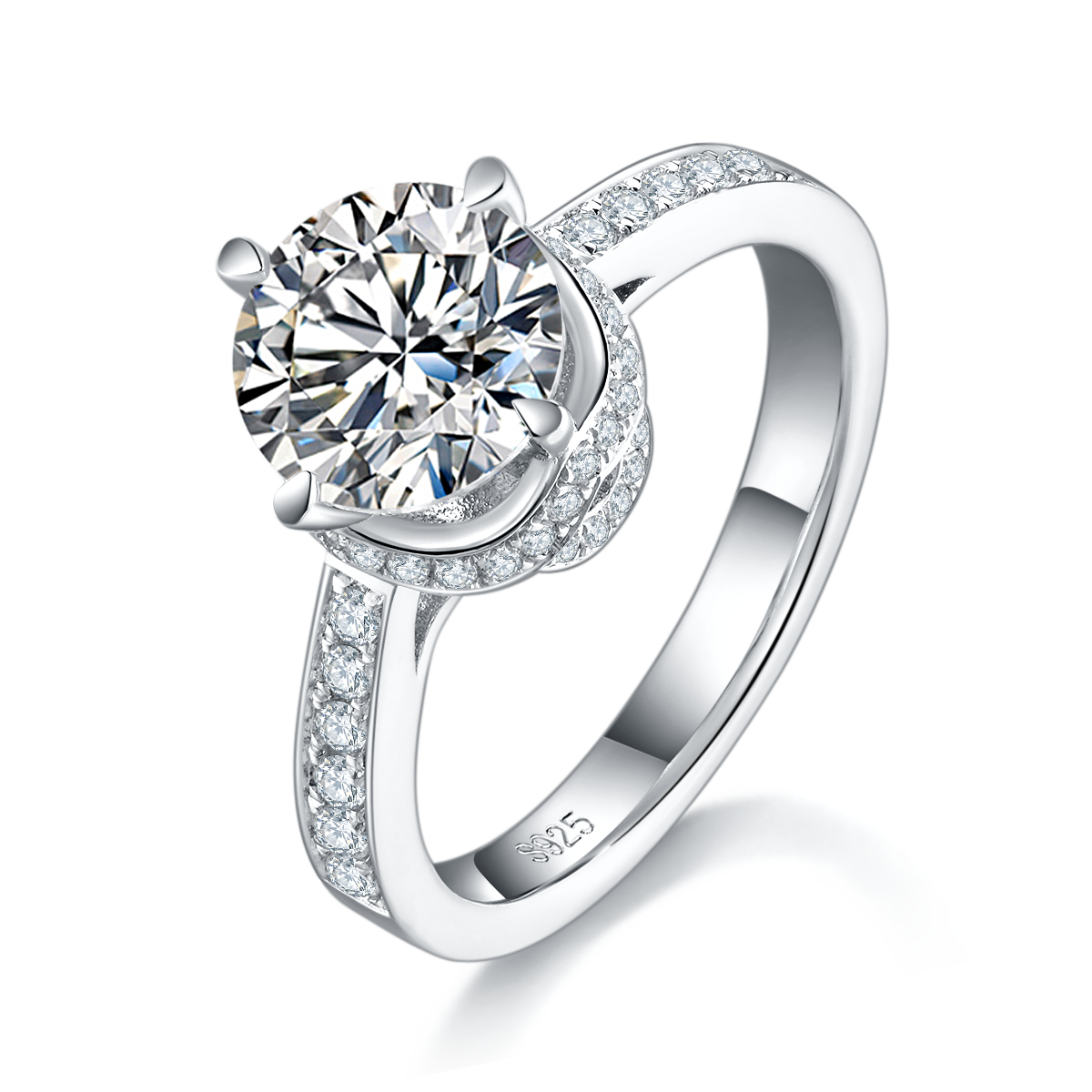 Flower bud four claw women's ring S925 silver plated platinum customized main stone moissanite  2.0ct/secondary stone high carbon diamond