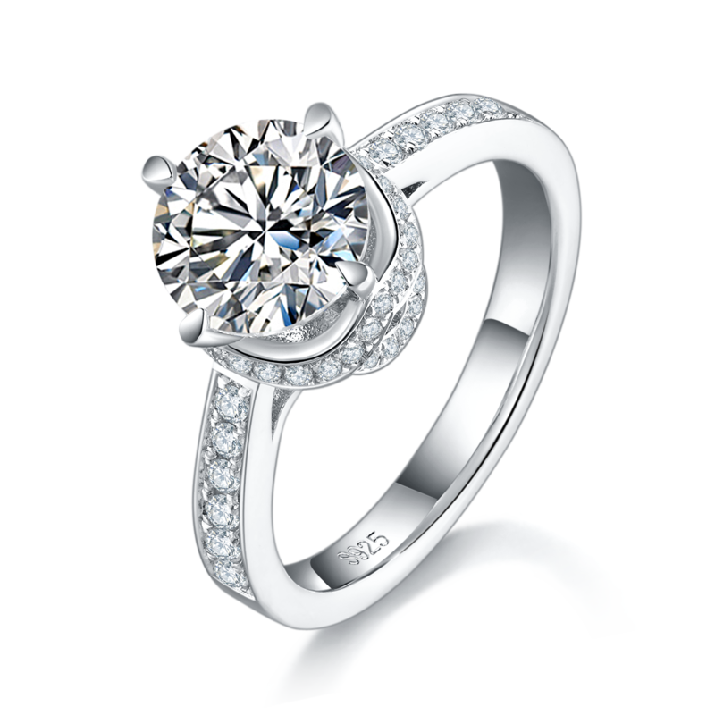 Flower bud four claw women's ring S925 silver plated platinum customized main stone moissanite diamond 2.0ct/secondary stone high carbon diamond