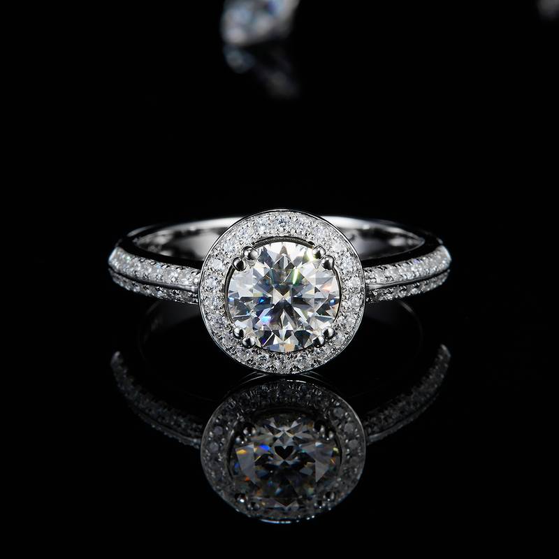 Full set round bag women's ring S925 silver plated platinum customized main stone moissanite 1.0ct/secondary stone high carbon diamond
