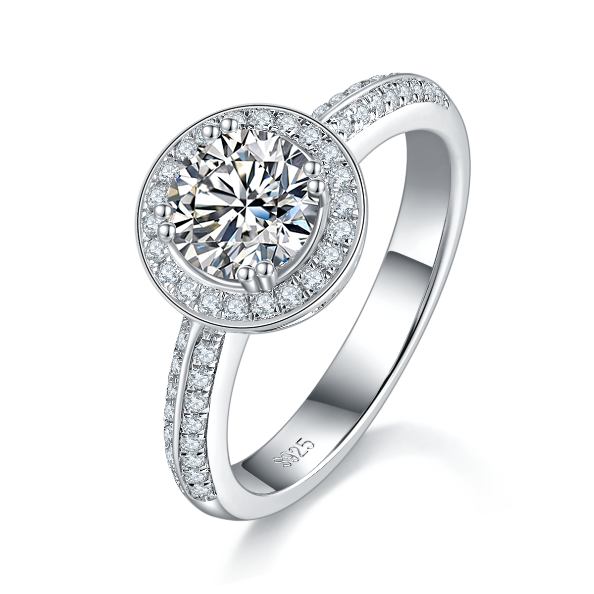 满镶圆包女戒S925银镀白金定制主石莫桑1.0ct/副石高碳钻