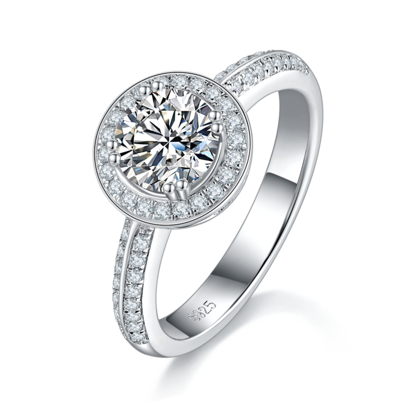 Full set round bag women's ring S925 silver plated platinum customized main stone moissanite 1.0ct/secondary stone high carbon diamond