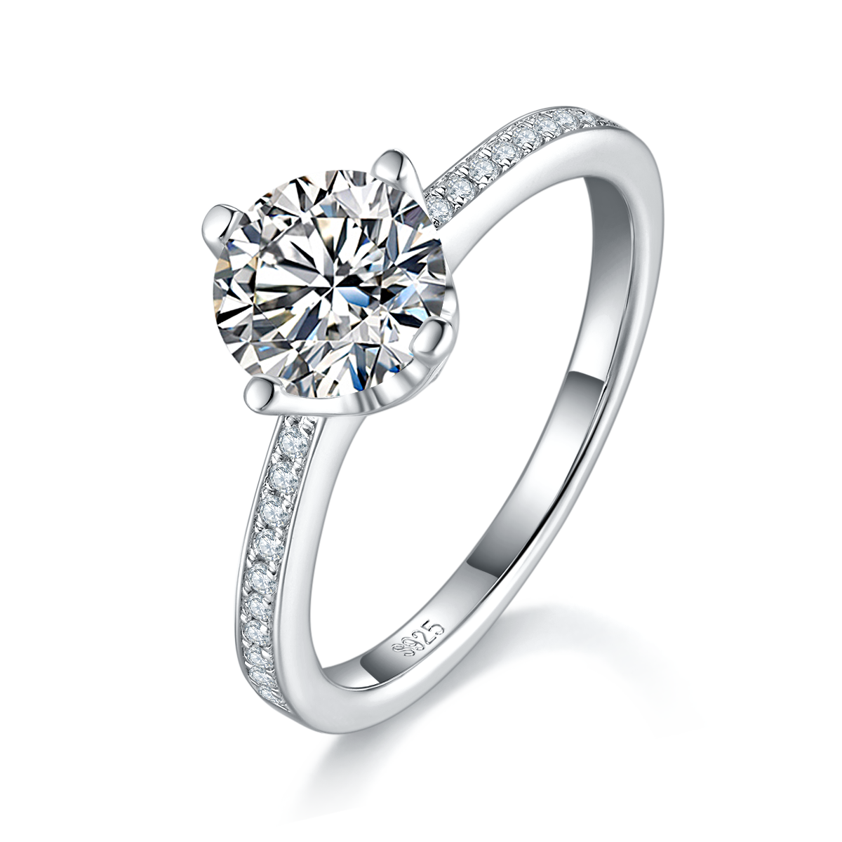 Straight arm micro inlaid four claw women's ring S925 silver plated platinum customized main stone moissanite  1.0ct/secondary stone high carbon diamond