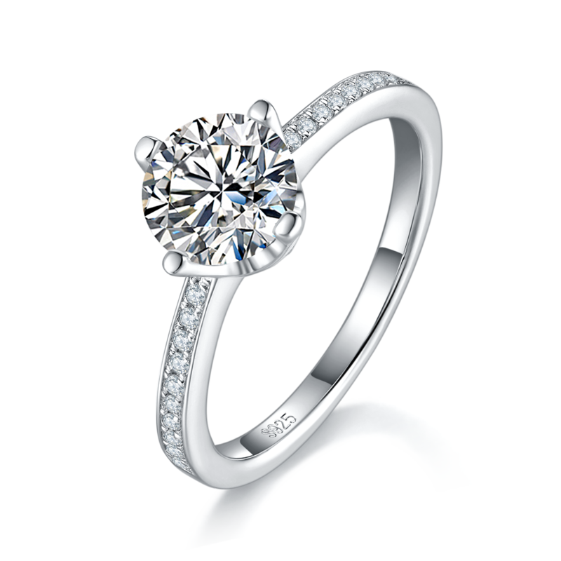 Straight arm micro inlaid four claw women's ring S925 silver plated platinum customized main stone moissanite diamond 1.0ct/secondary stone high carbon diamond