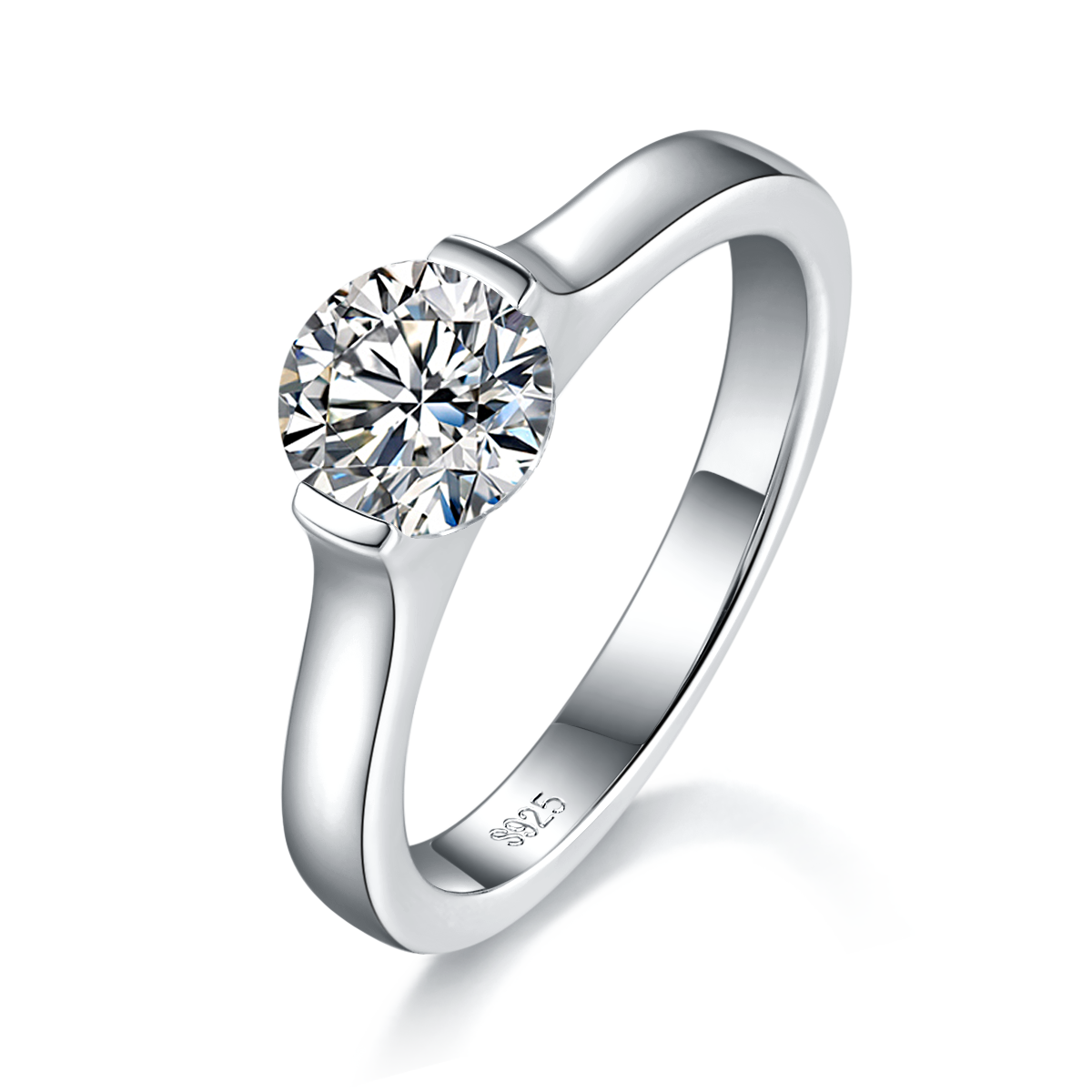 Simple and stylish round women's ring S925 silver plated platinum customized main stone moissanit  1.0ct