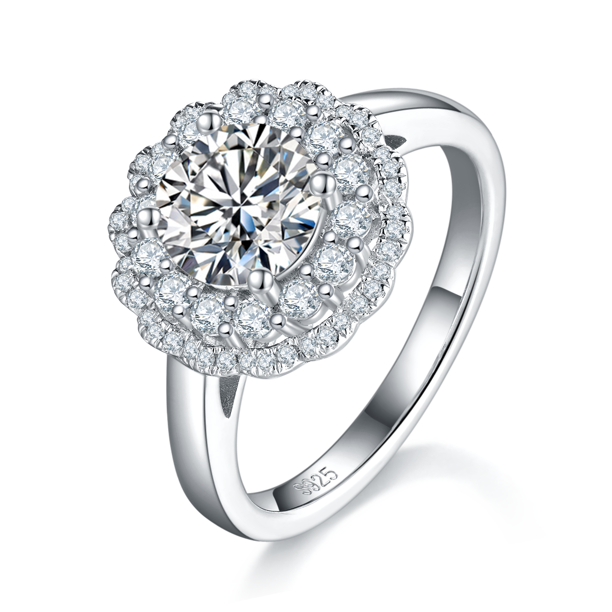 女戒S925银镀白金女戒定制主石莫桑钻1.2ct/副石高碳钻