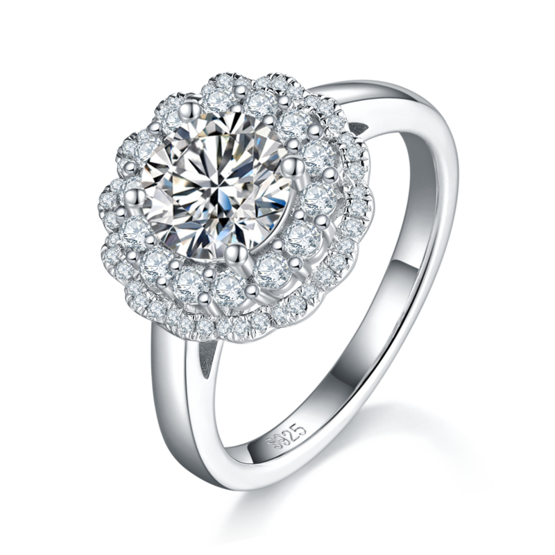 S925 silver plated platinum women's ring custom main stone moissanite 1.2ct/secondary stone high carbon diamond
