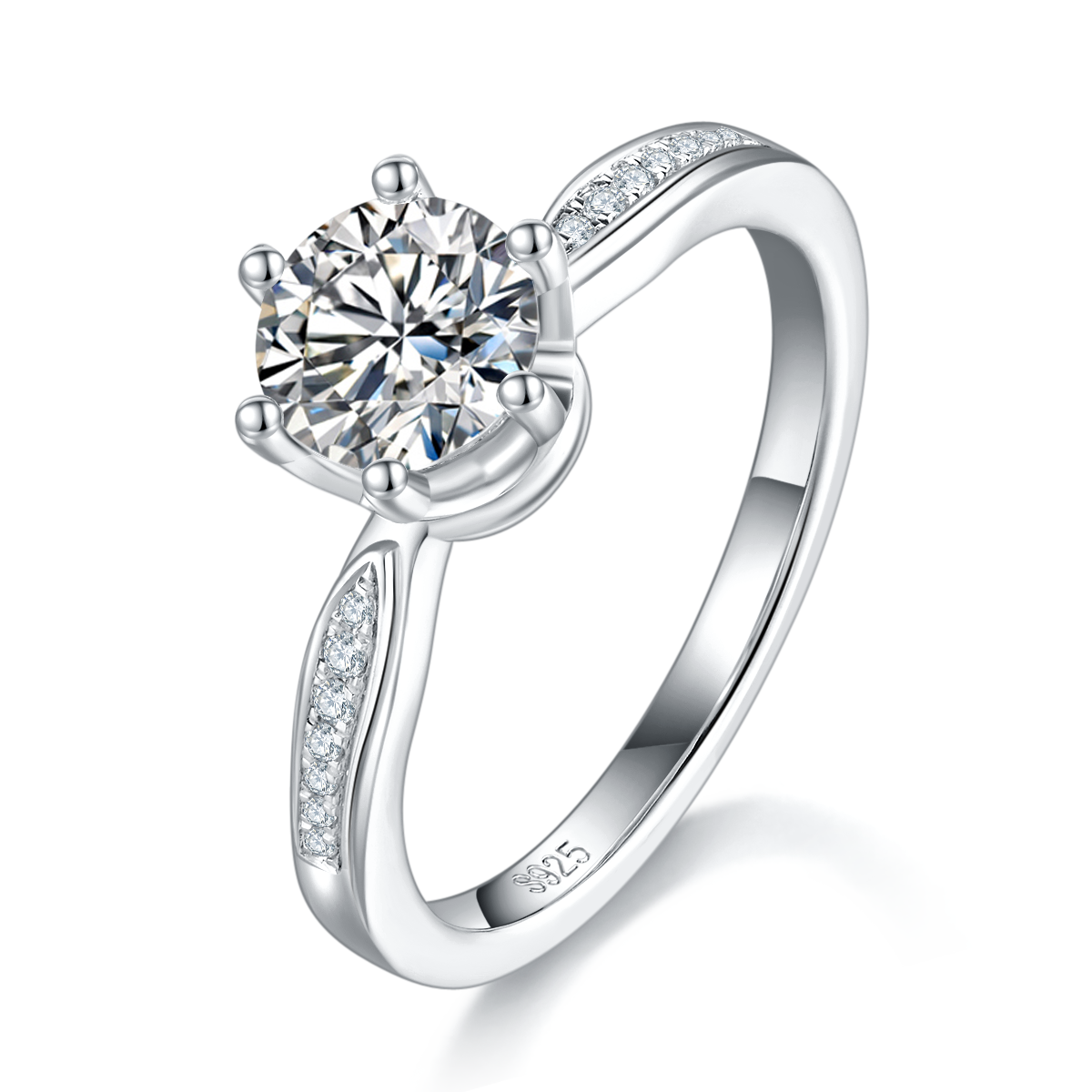 Simplified Six Claw Women's Ring S925 Silver Plated Platinum Customized Main Stone Moissanite  1.0ct/Secondary Stone High Carbon Diamond