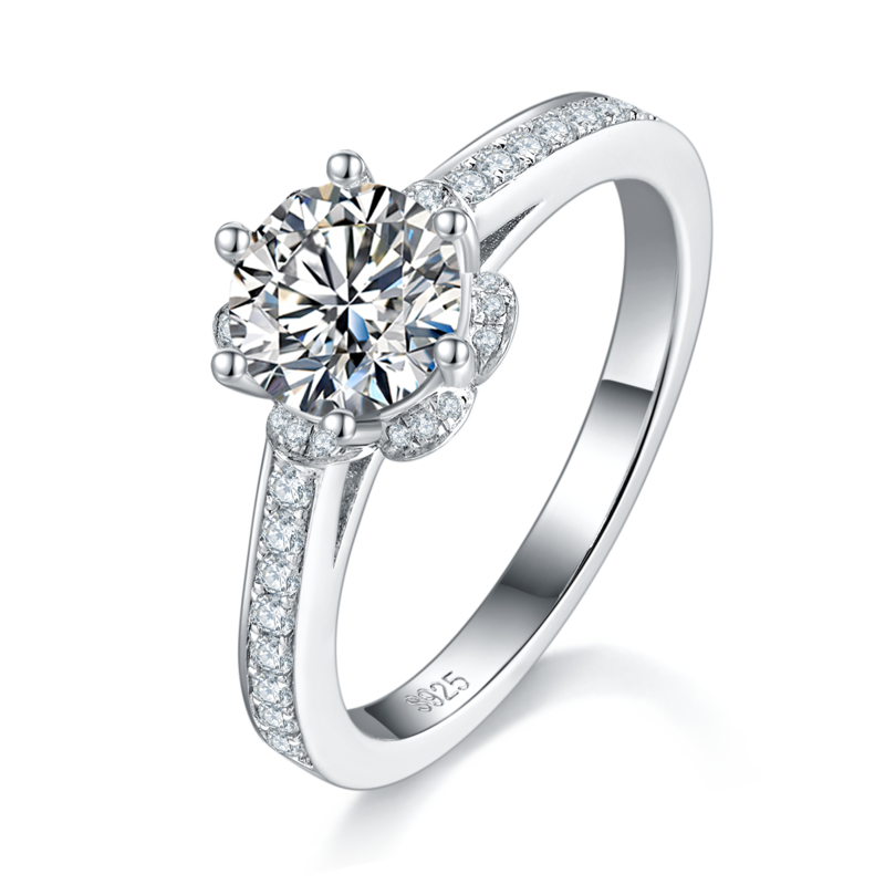 心花怒放围镶女戒S925银镀白金女戒定制主石莫桑钻1.0ct/副石高碳钻