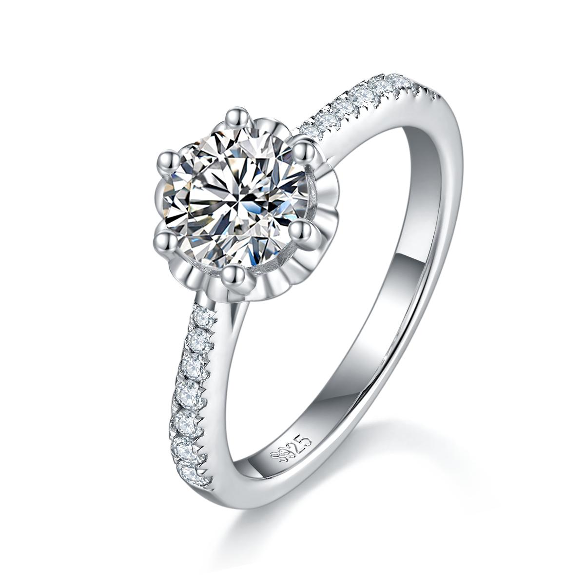 直臂花苞六爪女戒S925银镀白金定制主石莫桑钻1.0ct/副石高碳钻