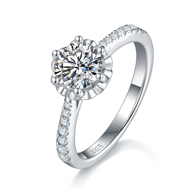 Straight arm flower bud six claw women's ring S925 silver plated platinum customized main stone moissanite diamond 1.0ct/secondary stone high carbon diamond