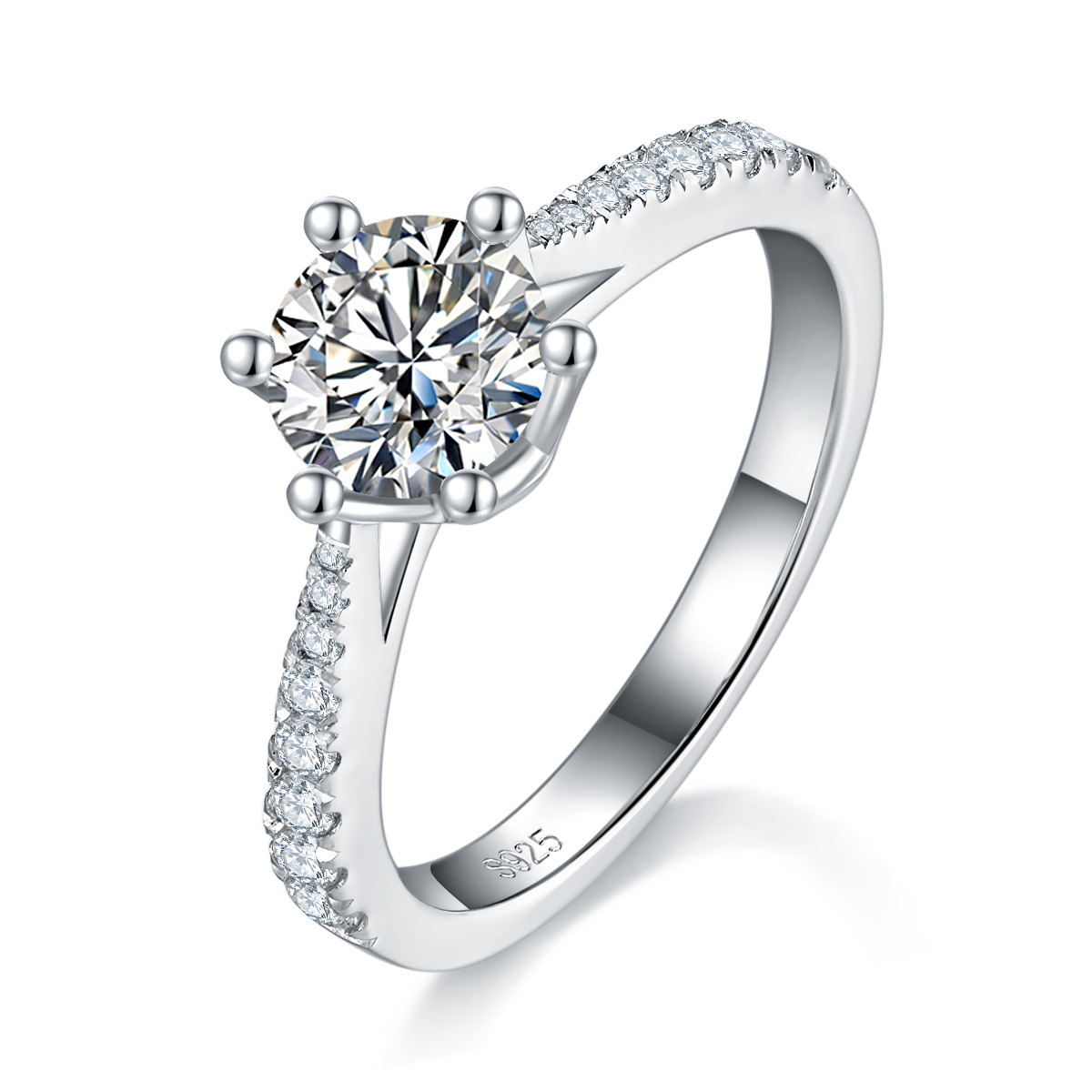 Straight arm micro inlaid heart-shaped six claw women's ring S925 silver plated platinum customized main stone Moissanite  1.0ct/secondary stone high carbon diamond