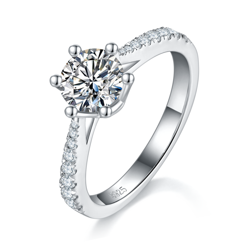 Straight arm micro inlaid heart-shaped six claw women's ring S925 silver plated platinum customized main stone Moissanite diamond 1.0ct/secondary stone high carbon diamond