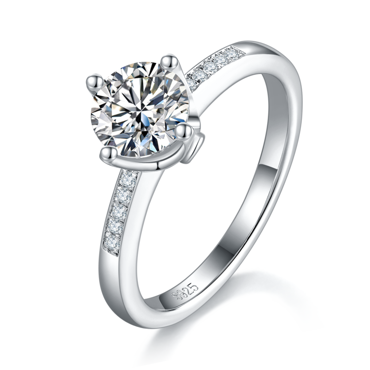 微镶四爪女戒S925银镀白金定制主石莫桑钻1.2ct/副石高碳钻