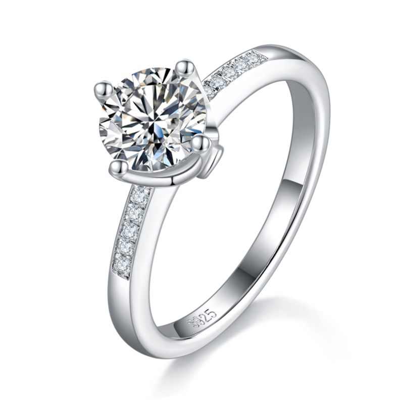 微镶四爪女戒S925银镀白金定制主石莫桑钻1.2ct/副石高碳钻