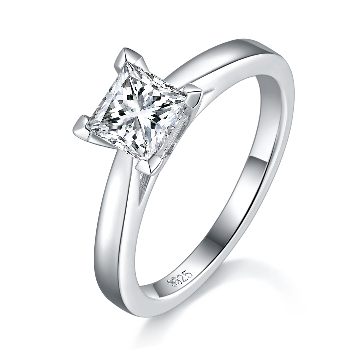 公主方女戒S925银镀白金定制主石莫桑钻1.0ct
