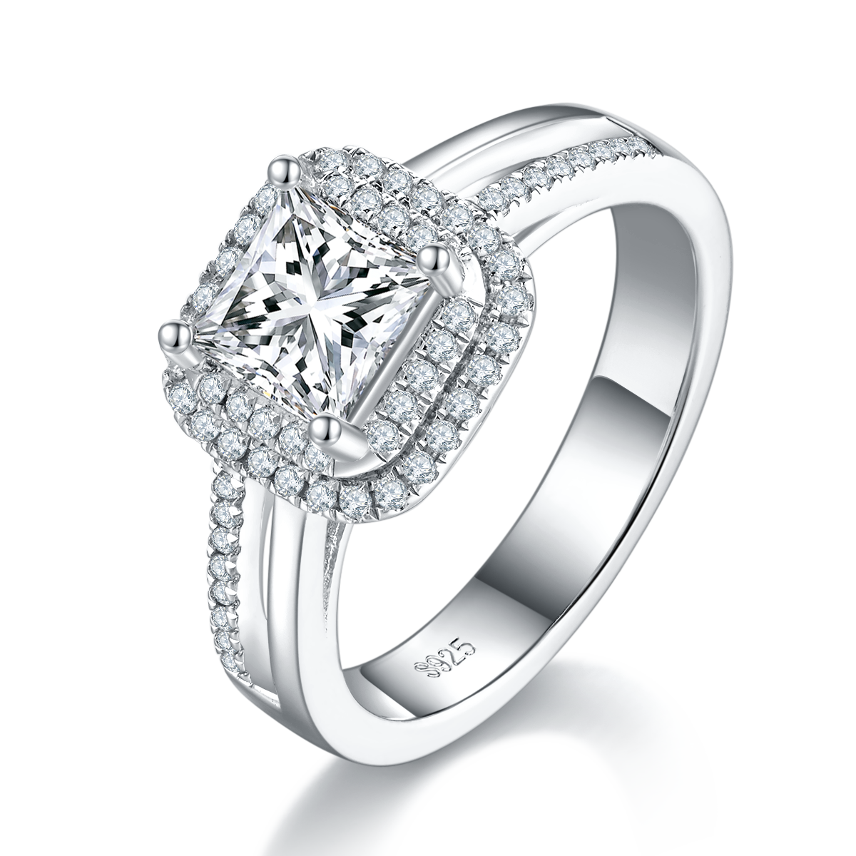 公主方豪华围镶女戒S925银镀白金定制主石莫桑钻1.0ct/副石高碳钻