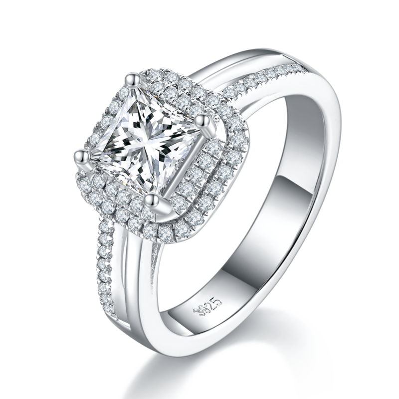 公主方豪华围镶女戒S925银镀白金定制主石莫桑钻1.0ct/副石高碳钻