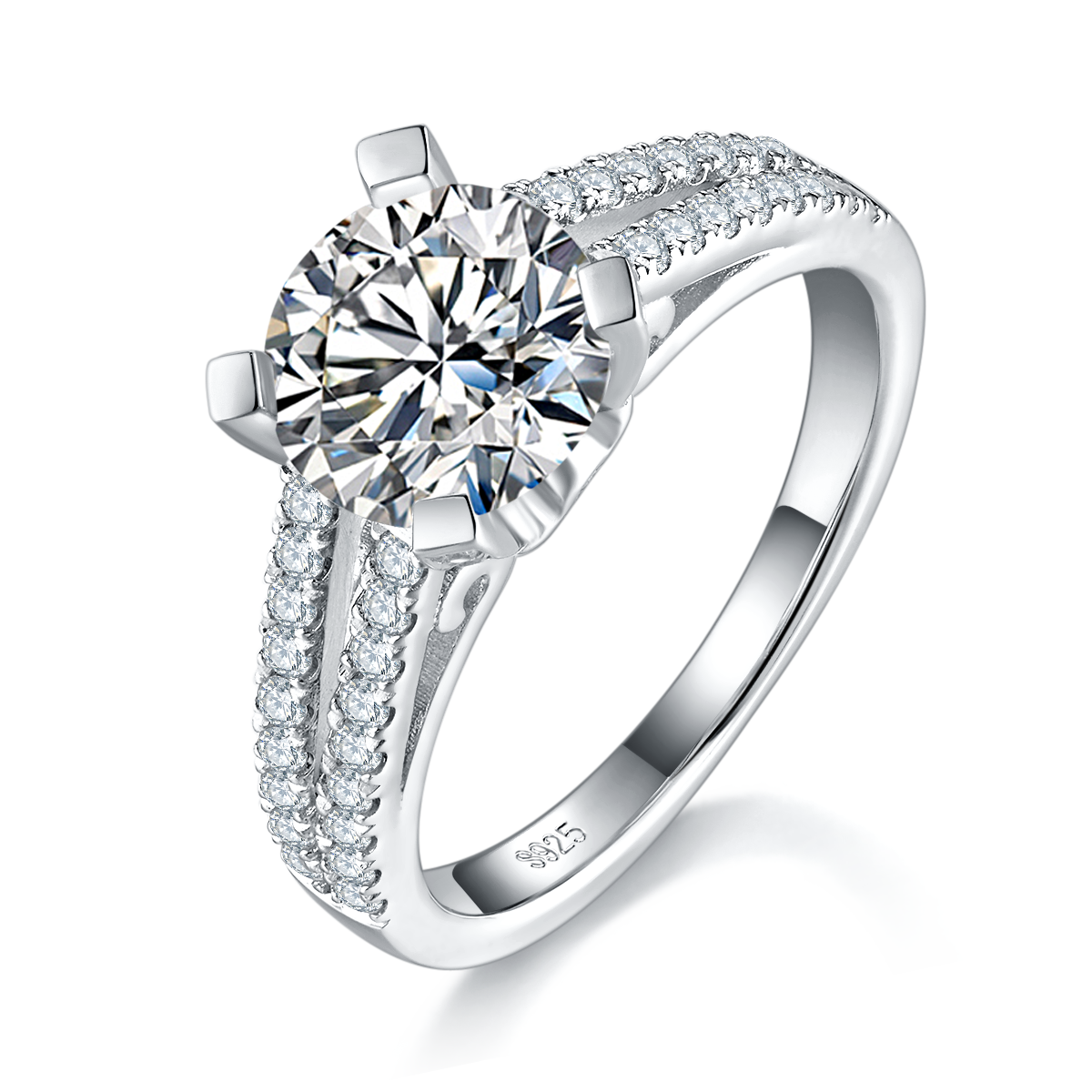豪镶四爪女戒S925银镀白金定制莫桑钻2.0ct