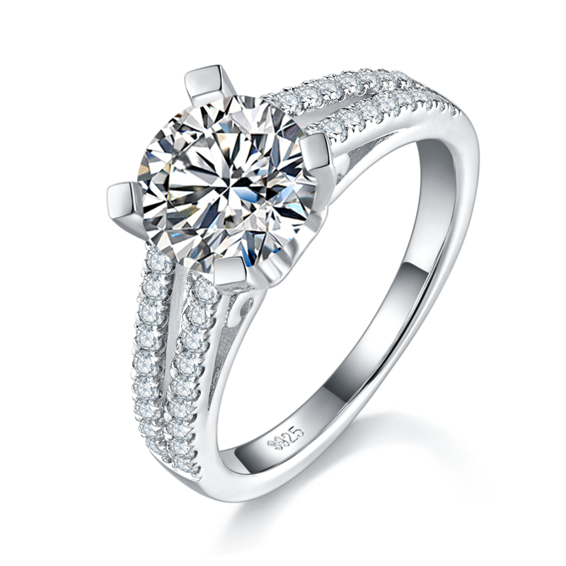豪镶四爪女戒S925银镀白金定制莫桑钻2.0ct