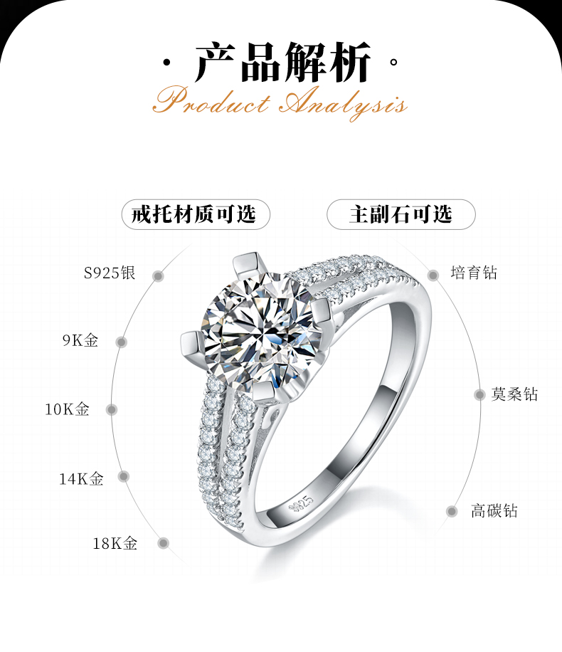 豪镶四爪女戒S925银镀白金定制莫桑钻2.0ct - 2