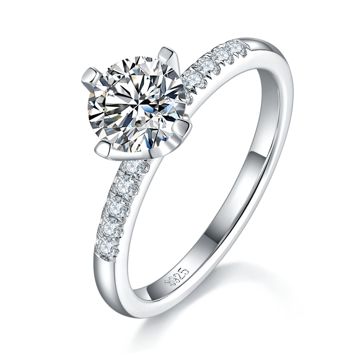 Micro inlaid four claw women's ring S925 silver plated platinum customized main stone moissanite 1.0ct/secondary stone high carbon diamond