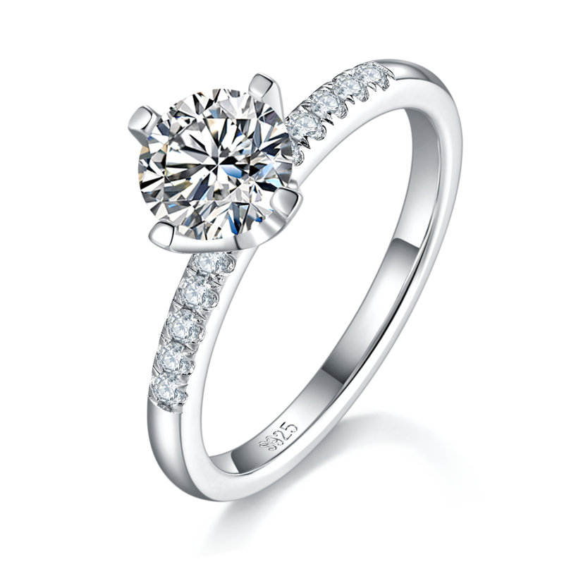 Micro inlaid four claw women's ring S925 silver plated platinum customized main stone moissanite 1.0ct/secondary stone high carbon diamond