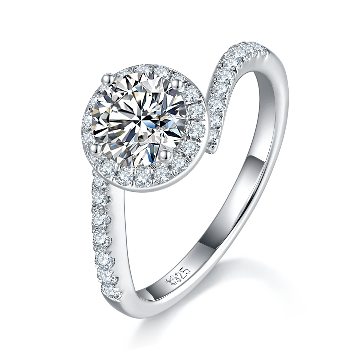 Twisted arm round bag women's ring S925 silver plated platinum custom selection main stone moissanite diamond 1.0ct/secondary stone high carbon diamond