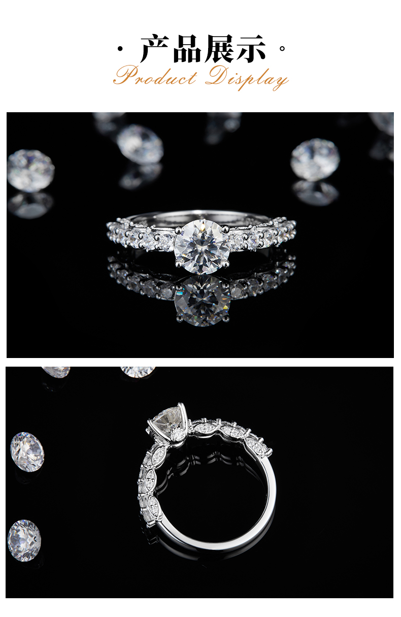 单头女戒S925银镀白金定制选款主石莫桑钻1.0ct/副石高碳钻 - 3
