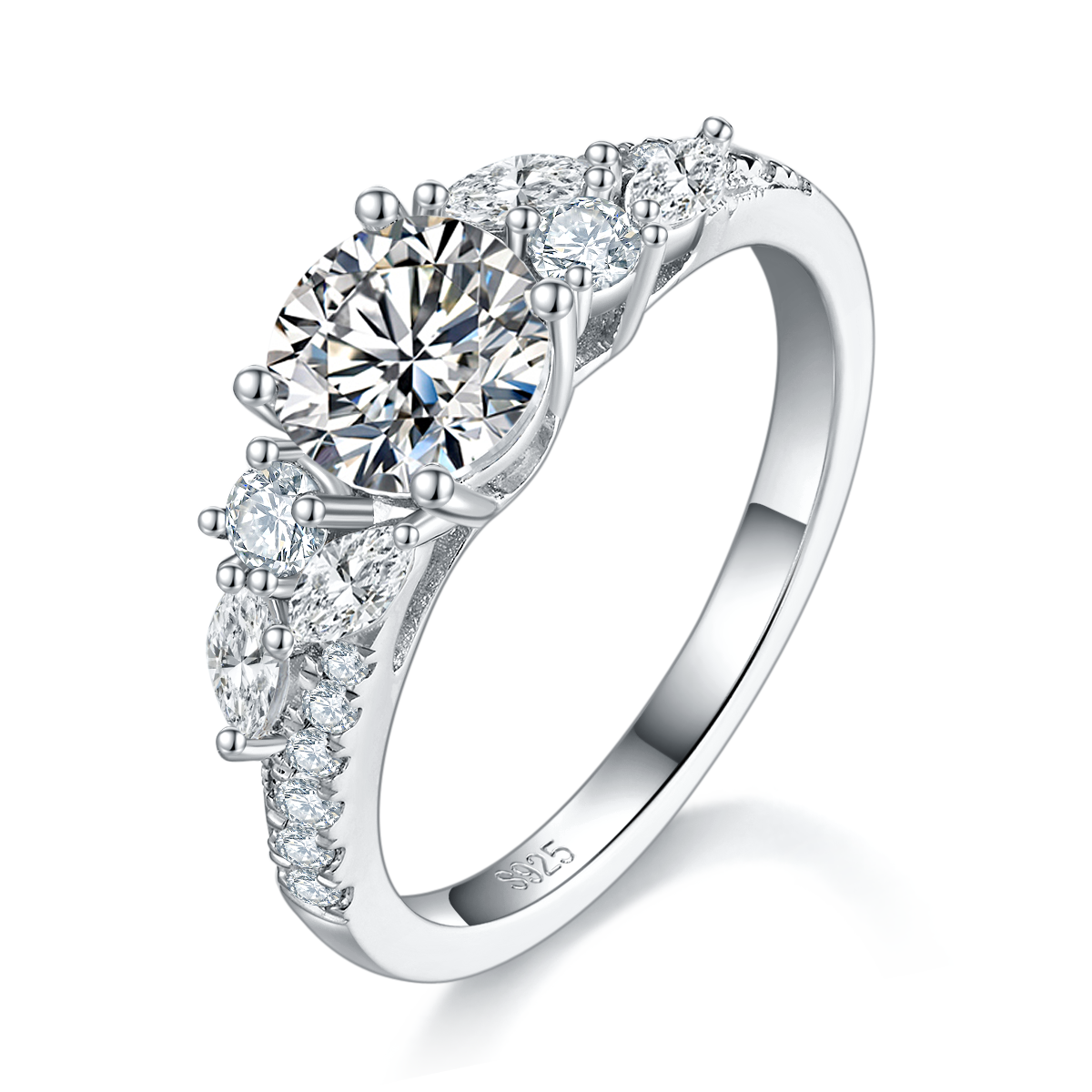 轻奢女戒S925银镀白金定制选款主石莫桑钻1.0ct/副石高碳钻