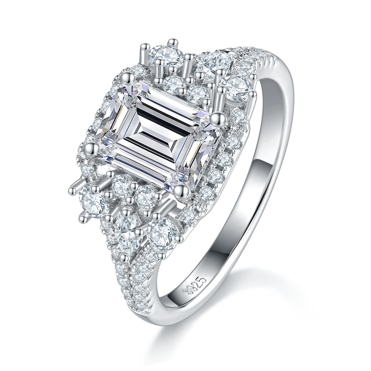 Emerald Cut Women's Ring S925 Silver Plated Platinum Customized Selection Main Stone Moissanite Diamond 2.0ct/Secondary Stone High Carbon Diamond