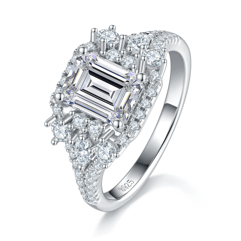 祖母绿切Women's RingS925银镀白金定制选款主石Moissanite2.0ct/副石高碳钻