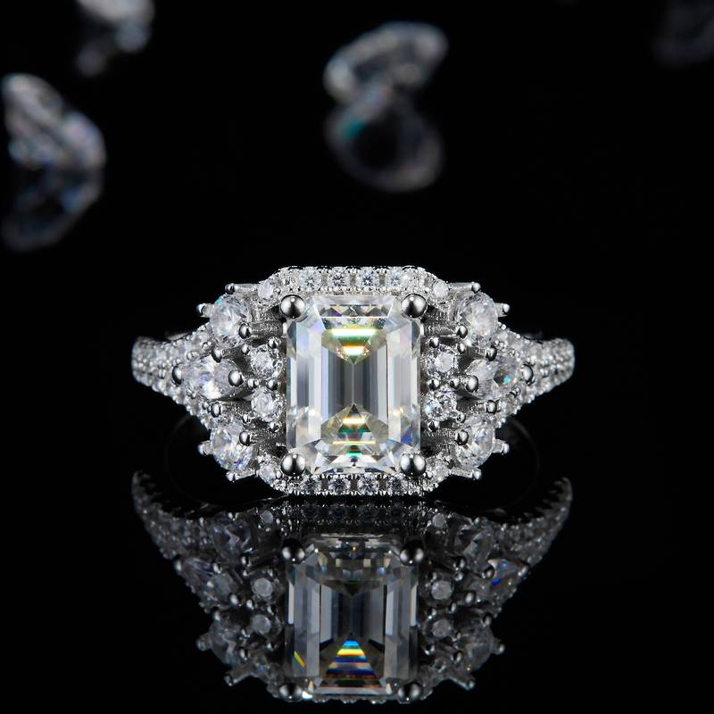 祖母绿切Women's RingS925银镀白金定制选款主石Moissanite2.0ct/副石高碳钻
