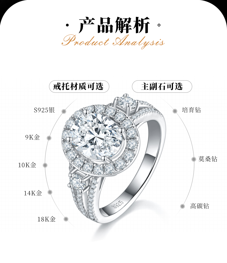 蛋形女戒S925银镀白金定制选款主石莫桑钻2.0ct/副石高碳钻 - 2