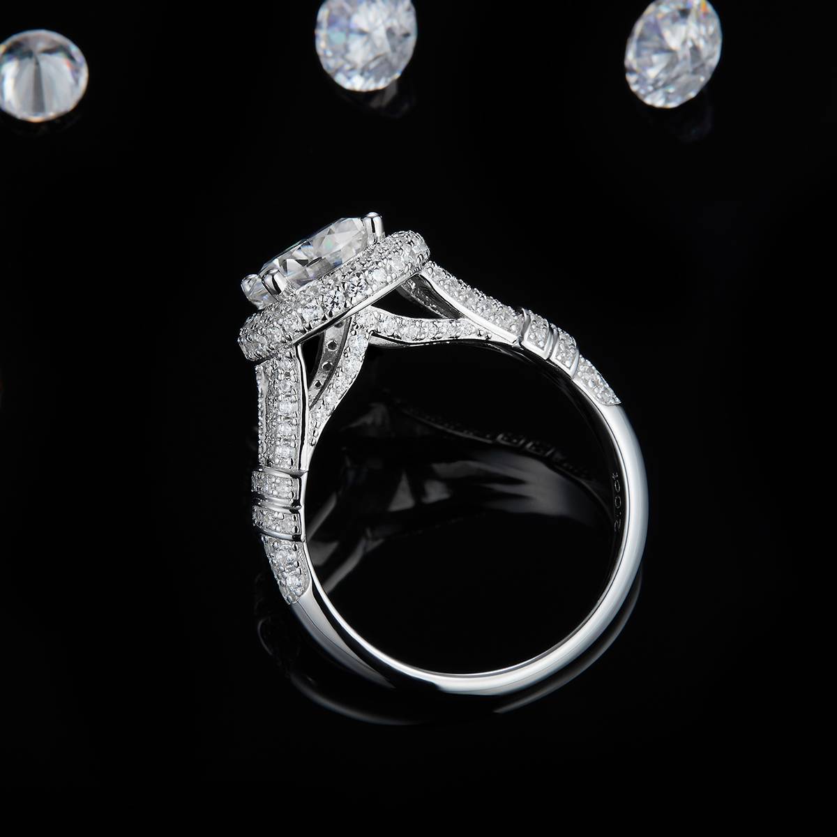 Luxury Full Diamond Round Bag Women's Ring S925 Silver Plated Platinum Customized Selection Main Stone Moissanite Diamond 2.0ct/Secondary Stone High Carbon Diamond