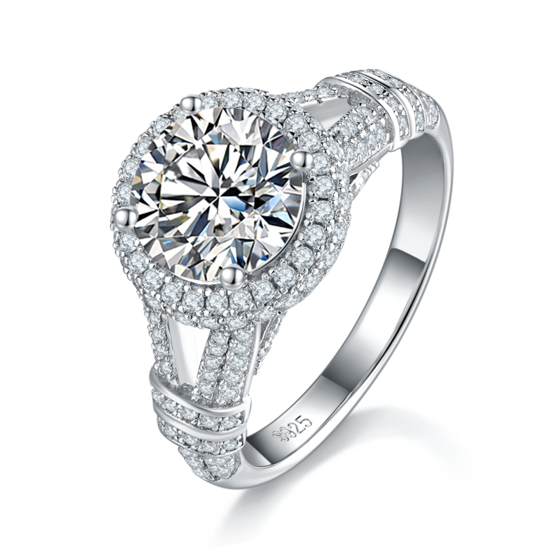 豪华满钻圆包女戒S925银镀白金定制选款主石莫桑钻2.0ct/副石高碳钻