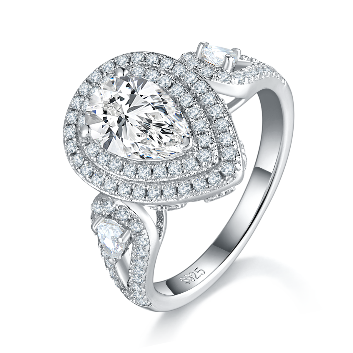 豪华梨形女戒S925银镀白金定制选款主石莫桑钻1.5ct/副石高碳钻