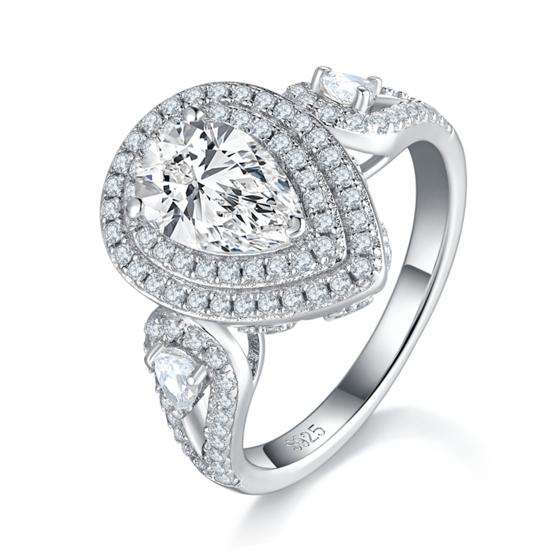 豪华梨形Women's RingS925银镀白金定制选款主石Moissanite1.5ct/副石高碳钻