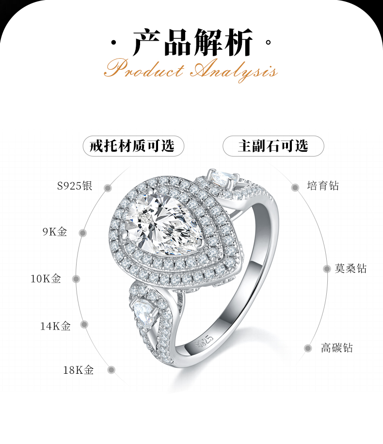 豪华梨形女戒S925银镀白金定制选款主石莫桑钻1.5ct/副石高碳钻 - 2