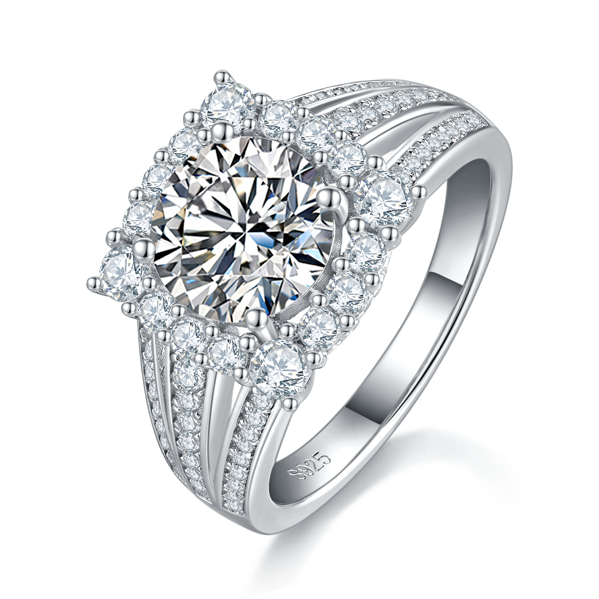 豪华满钻女戒S925银镀白金定制选款主石莫桑钻2.0ct/副石高碳钻