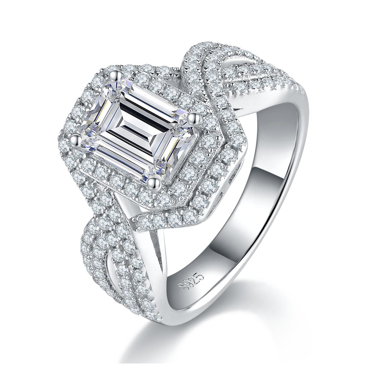 Light luxury emerald cut women's ring S925 silver plated platinum custom selection main stone Moissanite diamond 2.0ct/secondary stone high carbon diamond