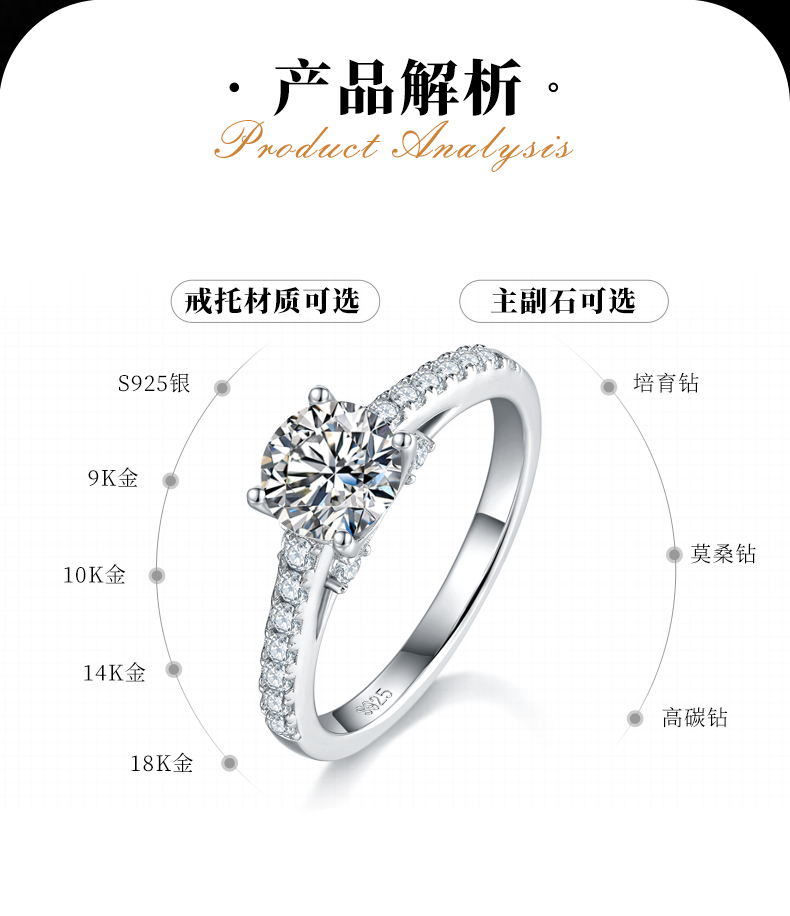 单头女戒S925银镀白金定制选款主石莫桑钻1.0ct/副石高碳钻 - 2