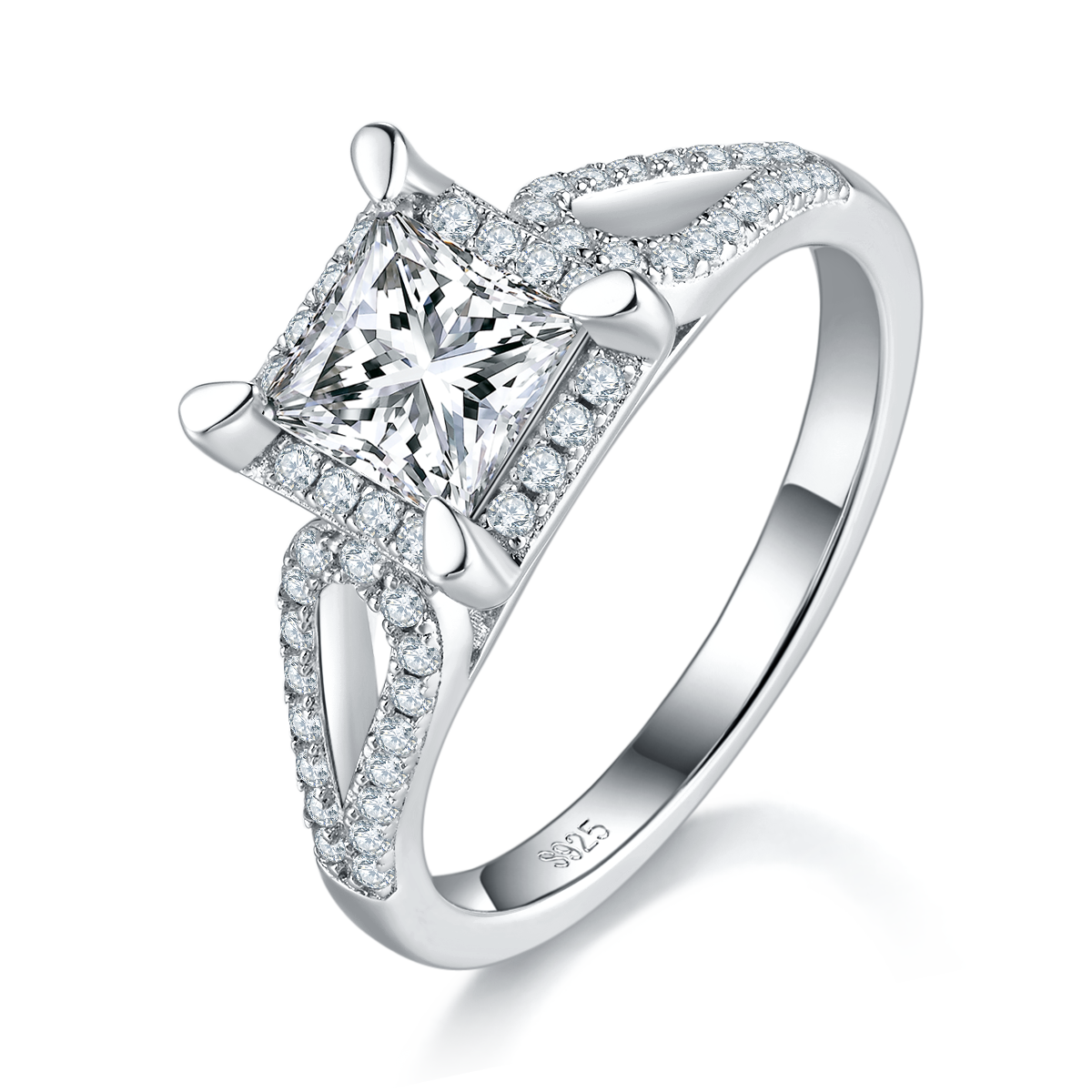 Light Luxury Princess Fang Women's Ring S925 Silver Plated Platinum Customized Selection Main Stone Moissanite Diamond 0.8ct/Secondary Stone High Carbon Diamond